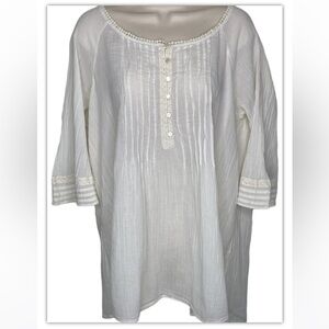 Old Navy Women’s Pleated Blouse Top L Cream White Detailed Neck 3/4 Sleeves